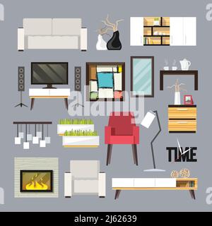 Living room furniture decorative icons set with sofa bookshelf tv table isolated vector illustration Stock Vector
