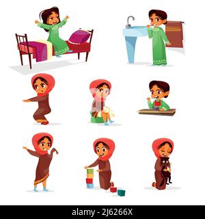 Vector cartoon arab girl morning routine activity set. Female muslim khaliji characters hijab wake up stretch, brushing teeth doing squat, toilet hygi Stock Vector