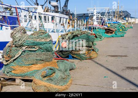 Fishing trawlers moored up in the harbour at Portavogie, County Down, Northern Ireland Stock Photo