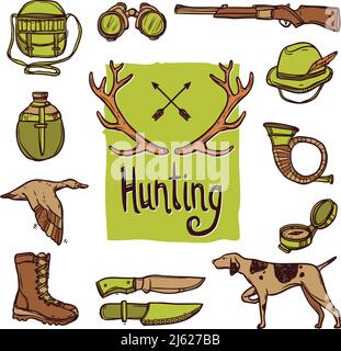 Hunting hand drawn icons set with dog weapon deer horns isolated vector illustration Stock Vector