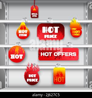 Hot sale clearance discount prices red  wobblers on empty department store display racks advertisement realistic vector illustration Stock Vector
