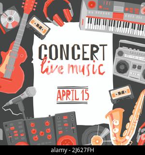 Music live concert poster with flat musical instruments vector illustration Stock Vector