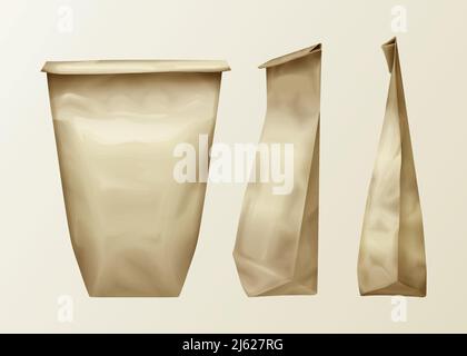 Vector realistic wrinkled paper bag various view set. Lunch pack or food snack, kitchen ingredients, spices recycle folded blank packaging template. 3 Stock Vector