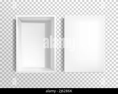 Opened, blank white, rectangular, empty cardboard box with removed lid, top view 3d realistic vector template isolated on transparent background. Prod Stock Vector