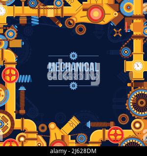 Machinery parts background with metal pipeline gears manufacturing tools chain wheels valves vector illustration Stock Vector