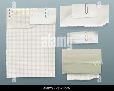 Paper message notes vector illustration of sheets and pieces of paper on clips. Squared and lined pages torn from copybook, realistic isolated set for Stock Vector