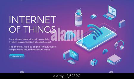 Internet of things vector illustration of smart devices communication in Wi-Fi wireless network technology. IOT in smartphone, digital data cloud and Stock Vector
