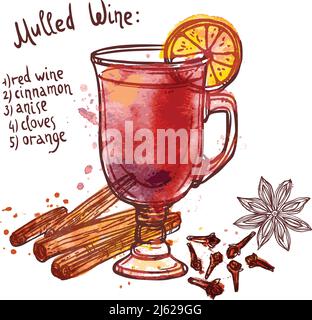 Mulled wine set with glass of drink and hand drawn ingredients vector illustration Stock Vector
