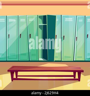 Locker room vector illustration of seamless gym or school sport changing room. Cartoon background of blue row of lockers with wooden bench for paralla Stock Vector
