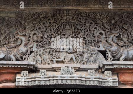 The Welcome Sculpture on the Entrance of Chennakeshwa Temple, Belur, Hassan, Karnataka, India Stock Photo