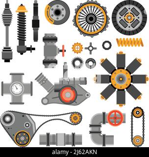 Machinery parts set with different industrial and technical elements on white background isolated vector illustration Stock Vector