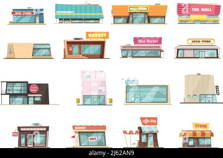 Shop building cartoon set with mini store symbols isolated vector illustration Stock Vector