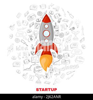 New business company successful startup launch planning concept icons background with satellite symbol poster abstract vector illustration Stock Vector