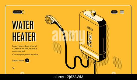 Tankless water heater isometric line art vector illustration on yellow background. Website landing page of organization for installation and service o Stock Vector