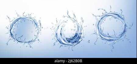 Circle water splashes with drops and bubbles realistic vector set. Twisted wave or swirl of fresh, clear aqua in motion 3d illustration. Natural pure Stock Vector