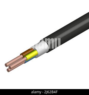 Rounded cable with three insulated copper conductors. 3D isometric style, vector illustration. Stock Vector