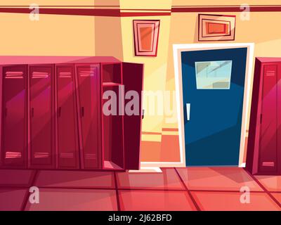 Locker room vector illustration of gym or school sport changing room. Cartoon seamless row of individual lockers and entrance door for parallax or com Stock Vector