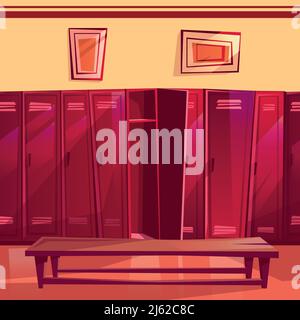 Locker room vector illustration of seamless gym or school sport changing room. Cartoon row of individual lockers with wooden bench for parallax or com Stock Vector