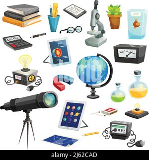 Science elements cartoon set of colorful school and scientific objects and equipment isolated vector illustration Stock Vector