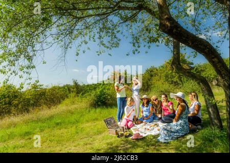 group of woman having a picnic on the summer meadow under the tree Stock Photo