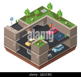 Underground multi-story car parking isometric 3D vector illustration for construction design. Isometric cars parked on underground parking lots garage Stock Vector