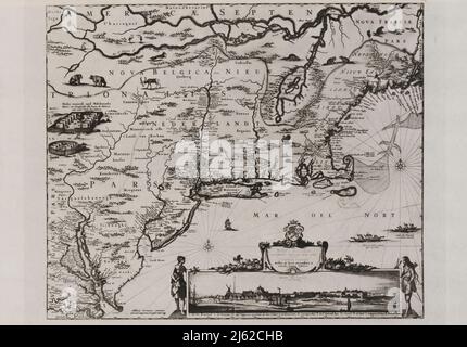 Novi Belgii Novaeque Angllae Nec Non Partis Virginiae Tabula (etc.) [The N. J. Visscher Map] 1651-5 The period of discovery (1524-1609); the Dutch period (1609-1664). The English period (1664-1763). The Revolutionary period (1763-1783). Period of adjustment and reconstruction; New York as the state and federal capital (1783-1811) from  The iconography of Manhattan Island, 1498-1909 compiled from original sources and illustrated by photo-intaglio reproductions of important maps, plans, views, and documents in public and private collections - Volume 1 by Stokes, I. N. Phelps (Isaac Newton Phelps Stock Photo