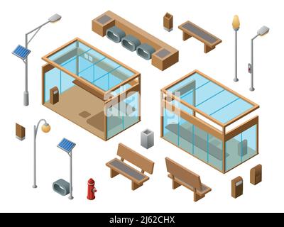 Vector isometric bus stop concept objects set. 3d city glass station benches sun panel streetlights garbage can, trash bin, fire hydrant. Illustration Stock Vector
