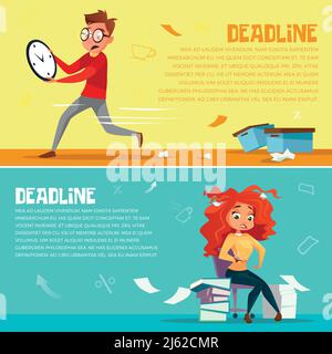 Office managers deadline vector illustration. Cartoon flat office manager man running in hurry clock or woman looking at watch with hair and work docu Stock Vector