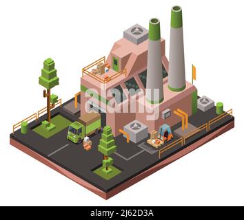 Factory plant isometric 3D vector illustration or map industrial zone with loader forklift trucks and cargo vans. Isometric warehouse or production fa Stock Vector