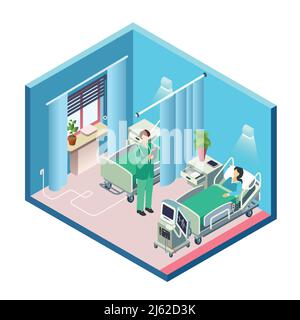 Vector isometric modern hospital room, ward section with female patient in bed, male doctor standing holding clipboard and medical reanimation equipme Stock Vector