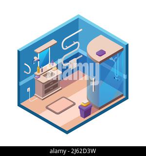 Vector isometric bathroom interior background section template. 3d modern home, hotel apartment lavatory restroom. Illustration with ceramic furniture Stock Vector