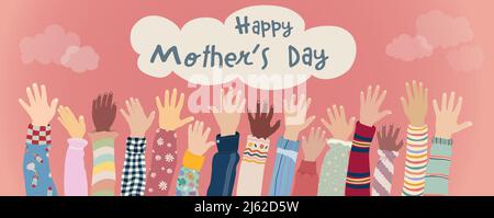 Banner with arms and raised hands of happy and joyful children and multicultural babies with text -Happy Mother’s Day- Pink background with clouds Stock Vector