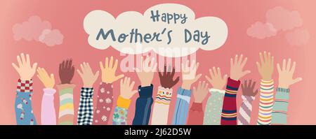 Banner with arms and raised hands of happy and joyful children and multicultural babies with text -Happy Mother’s Day- Pink background with clouds Stock Vector