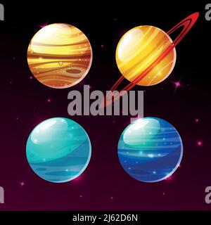 Planets of galaxy vector illustration icons of cartoon Mars, Mercury or Venus and Saturn rings or Jupiter fantastic galactic planets satellites of sol Stock Vector