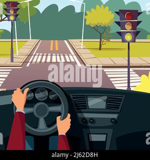Vector cartoon man hands on car wheel driving vehicle on street crossroad background. Behind the steering wheel concept. Illustration with car interio Stock Vector