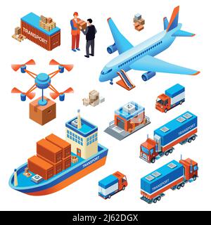 Logistics delivery transport vector illustration cargo ship or freight airplane and drone delivering parcel or truck. Isometric warehouse transportati Stock Vector