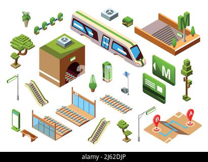 Metro train station vector illustration of isometric underground or subway railway transport elements. Isolated icons of passenger platform, escalator Stock Vector