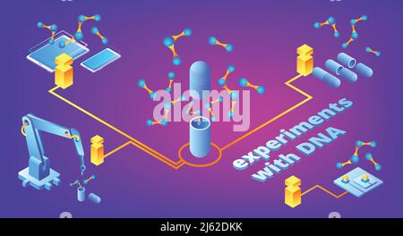 DNA experiments vector illustration of technology for medicine genetic research and gene microbiology science. DNA molecule modification with laborato Stock Vector
