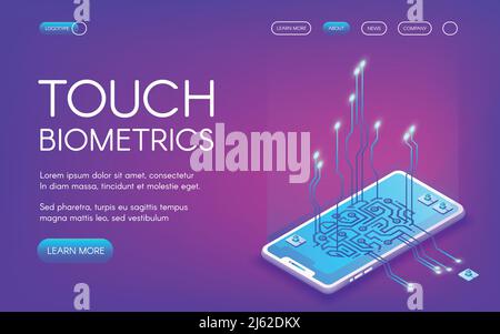 Touch biometrics technology vector illustration of digital fingerprint recognition for personal identity. Smartphone touchscreen sensors for private d Stock Vector