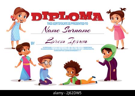 Diploma or kindergarten certificate vector illustration. Cartoon design of smiling happy children, Afro American boys and Muslim girls in hijab and kh Stock Vector