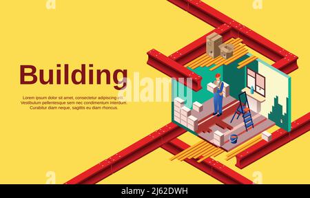 Building vector illustration of room construction technology and builder work in cross section. Poster for real estate office and house build industry Stock Vector