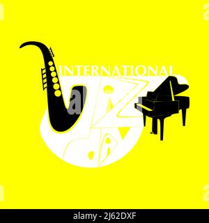 International Jazz Day music negative space style vector poster for jazz festival or night blues retro party with white grand piano and saxophone. Sty Stock Vector