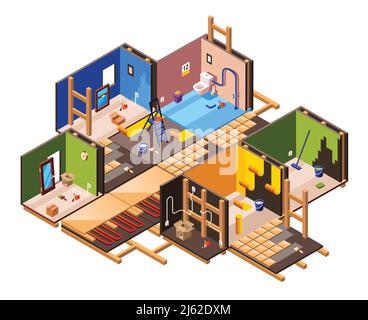 Vector isometric home interior renovation and repair work process stages in house cross section. Plumbing, sanitary ware installation tile laying in b Stock Vector