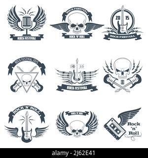 Rock music ribbon emblems set with skulls wings guitars isolated vector illustration Stock Vector