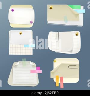 Vector collection of various note papers with pins and clips. Adhesive tape and clean lined, checkered pages with shadows isolated on aqua blue backgr Stock Vector