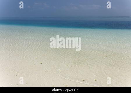 Sandbank at Bangaram island, Lakshadweep, India. Natural beauty of the island with white sand and clear sea water. Stock Photo