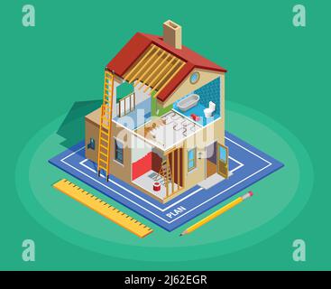 Home repair isometric template with building and different maintenance works on green background isolated vector illustration Stock Vector
