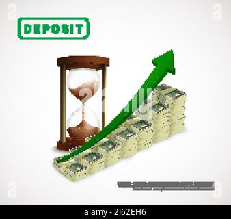Money prosperity realistic business template with dollar banknotes stacks rising arrow and hourglass isolated vector illustration Stock Vector