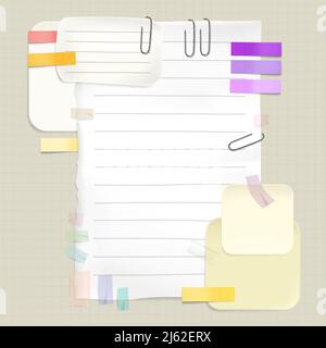Realistic lined sticky notes with clip binder and adhesive tape. Blank ...