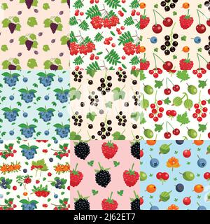 Set of nine seamless berries patterns with twigs of red and black currant raspberry blueberry dewberry flat vector illustration Stock Vector